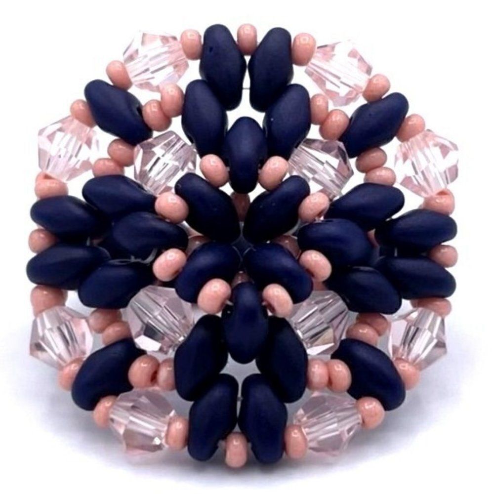 Navy Blue and Light Pink Crystal Beaded Statement Ring Size 5.5